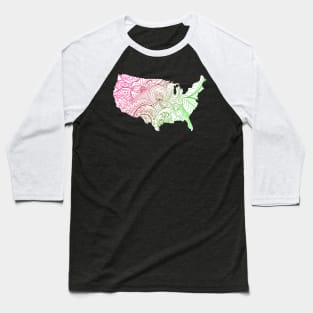 Colorful mandala art map of the United States of America in pink and green on white background Baseball T-Shirt